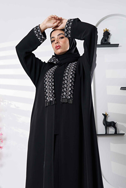 Hasnaa Abaya عباية سوداء فاخرة بتدخيلات تطريز وهدب كرستال