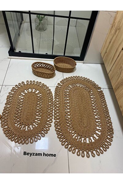 SHLM TEKSTİL Jüt Banyo Paspas Seti, Klozet Paspası, 4lü Banyo Seti Doğal, 2 P...