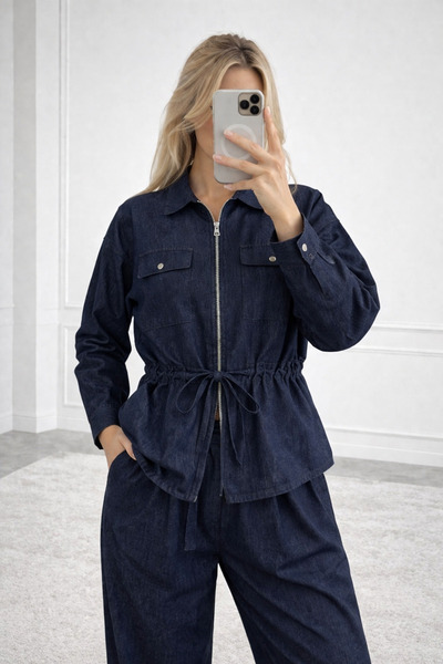 Ekim Store Zippered Belted Navy Blue Jacket and Trousers Denim Set