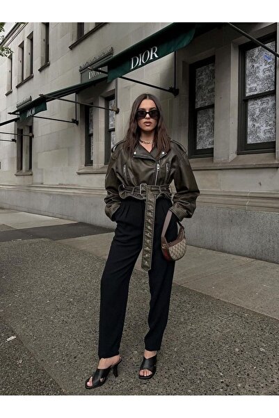 Ekim Store Haki Kemerli Oversize Deri Ceket