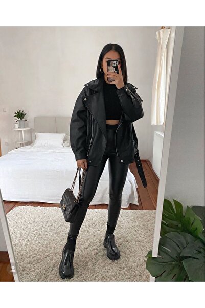 Ekim Store Μαύρο δερμάτινο μπουφάν Boyfriend Maxi με ζώνη