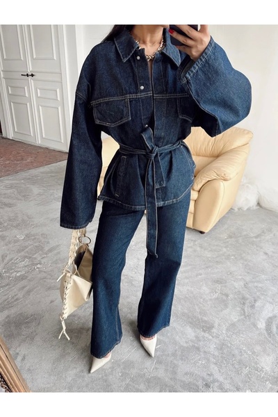 Ekim Store Navy Blue Belted Tie-Up Double Denim Set