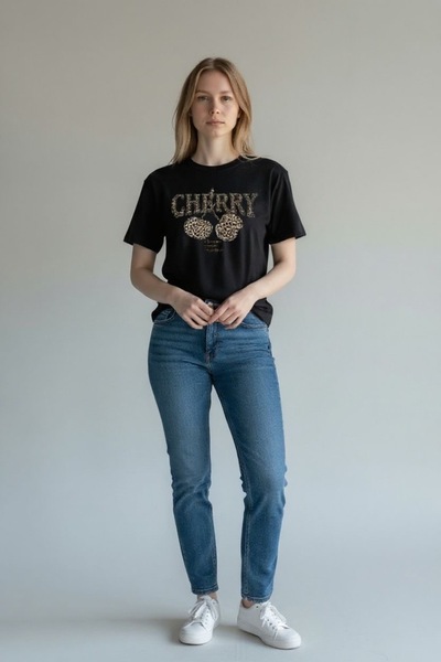 oraystore Γυναικείο μπλουζάκι με στάμπα μαύρου κερασιού, υπερμεγέθη, με λεοπά...