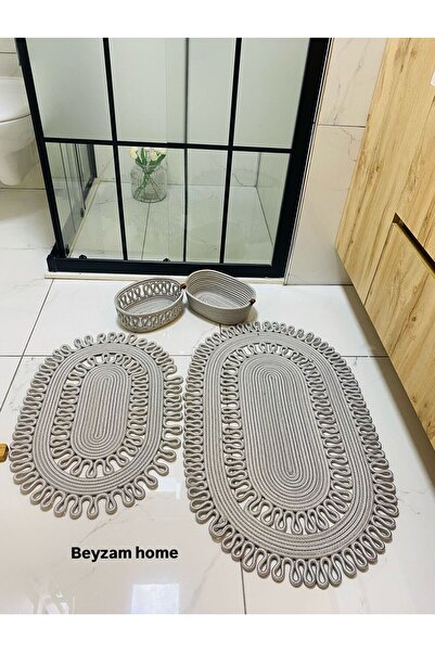 SHLM TEKSTİL Jüt Banyo Paspas Seti, Klozet Paspası, 4lü Banyo Seti Doğal, 2 P...