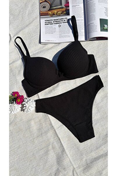 RUYAZ Σετ σουτιέν και εσώρουχο με ελαφριά υποστήριξη, μαύρο με ραβδώσεις