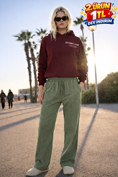 DAMGA JEANS Γυναικείο ψηλόμεσο ελαστικό πράσινο λινό παντελόνι