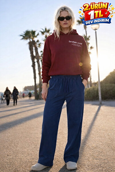 DAMGA JEANS Γυναικείο λινό παντελόνι με ψηλή μέση σε ναυτικό μπλε χρώμα