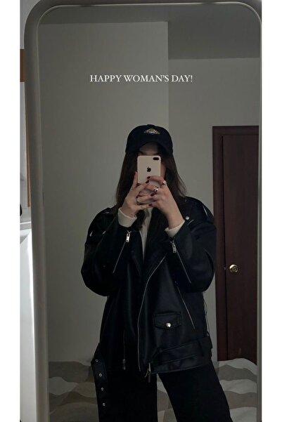 Ekim Store Μακρύ μαύρο δερμάτινο μπουφάν Boyfriend με ζώνη