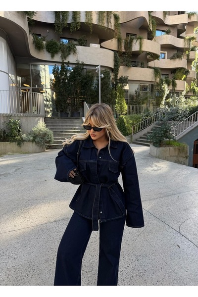 Ekim Store Μπλε ναυτικό σετ τζιν δύο τεμαχίων με ζώνη και δέσιμο