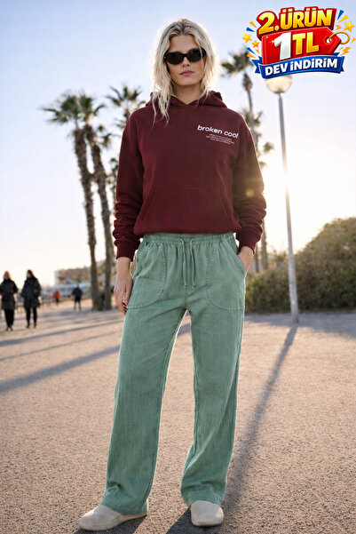 DAMGA JEANS Γυναικείο ψηλόμεσο ελαστικό παντελόνι από λινό σε σκούρο πράσινο ...