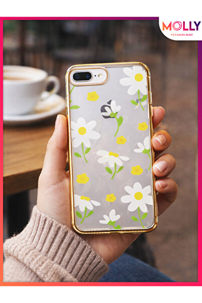 Molly iPhone 7 ve 8 PLUS İçin Şeffaf Altın Çerçeve Papatya Desenli Lüks Silik...
