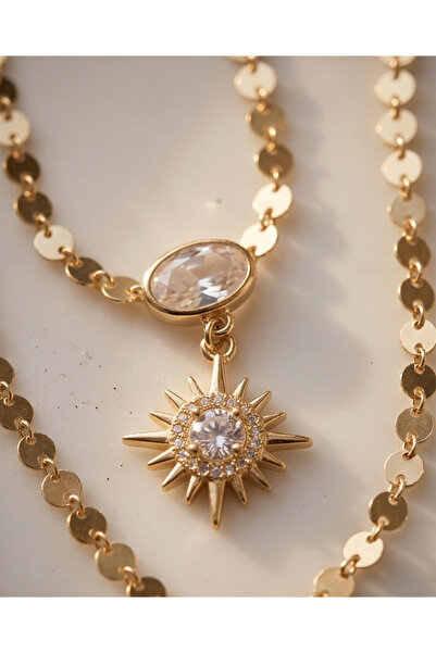 FASHION JEWERLY Gold Işıltılı Güneş Figürlü Taşlı Kolye
