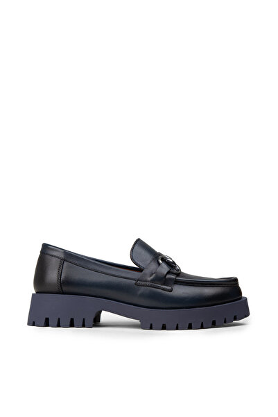 Deery Women's Genuine Leather Navy Blue Buckle Loafer