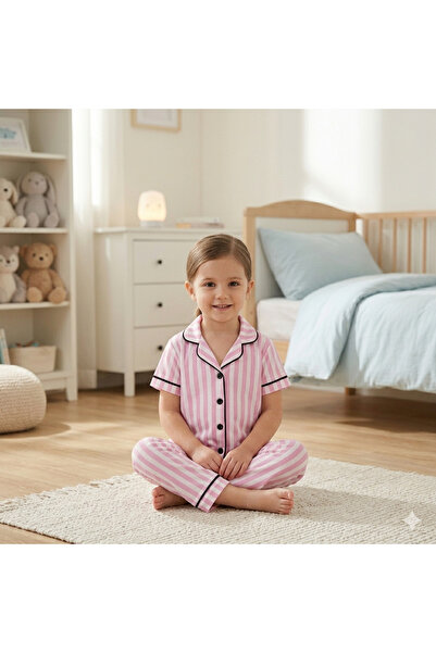 baby kids colors Kısa Kol Kız Bebek ve çocuk Pembe Beyaz Çizgili Düğmeli 2'li...