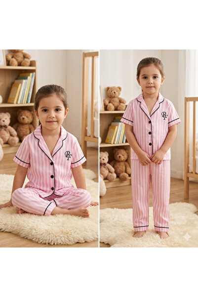 baby kids colors Nakışlı Kısa Kol Kız Bebek ve çocuk Pembe Beyaz Çizgili Düğm...
