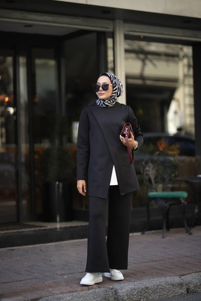 lamaro Modern Double-Breasted Cut 3-Piece Set - Tunic Sweater and Trousers Co...