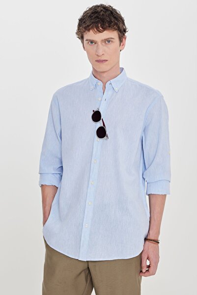 ALTINYILDIZ CLASSICS Ανδρικό ανοιχτό μπλε βαμβακερό λινό πουκάμισο Comfort Fi...