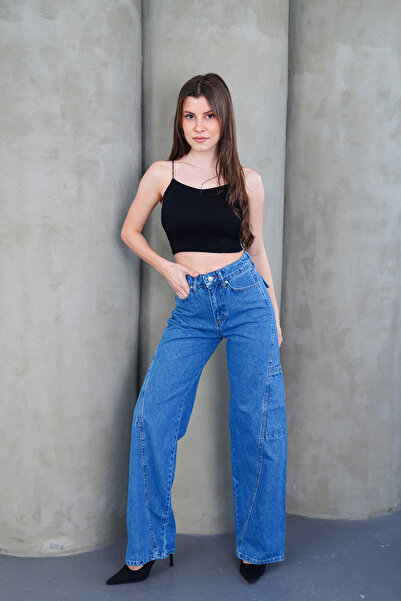 jeanlog High Waist Panel Stitched Loose Fit Wide Leg Blue Jeans (Narrow Fit, One Size up Recommended)