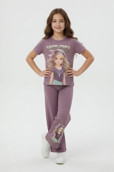 CansınMini Dusty Rose Girl Character Printed Wide-Leg Pants 2-Piece Girl's Set 23804
