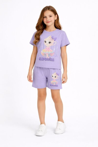 Cansın Mini Lila Cute Capuccina Printed Girls' Shorts 2-Piece Set 23890