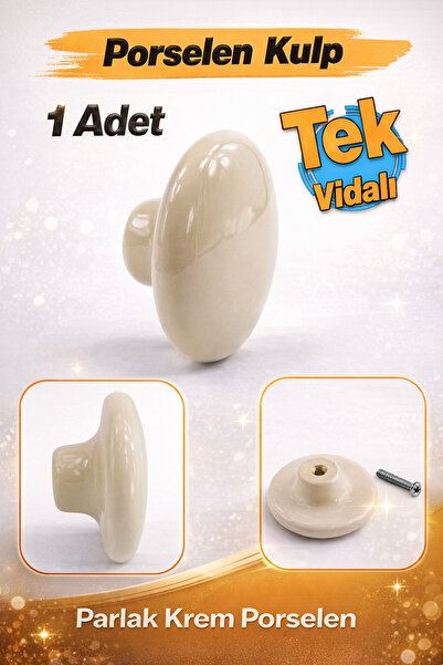 Badem10 (1 Adet) Porselen Yuvarlak Düz Krem Renk Mobilya Mutfak Gardrop Dolab...