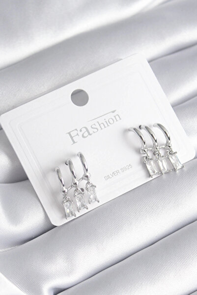 özssa Brass Silver Color 3-Piece Dangle Zircon Stone Earrings