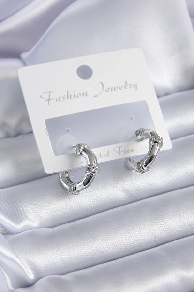 özssa Silver Color Zircon Stone Hoop Model Brass Women's Earrings