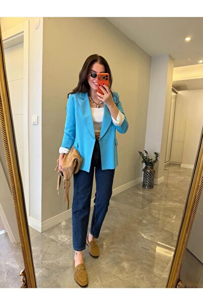 mylunessa Ανοιχτό μπλε καλοκαιρινό λινό μπλέιζερ με επένδυση