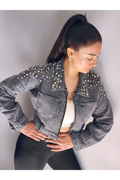 RENGARENG Women's Designer Denim Jacket with Stone and Embroidery Detail, Gra...
