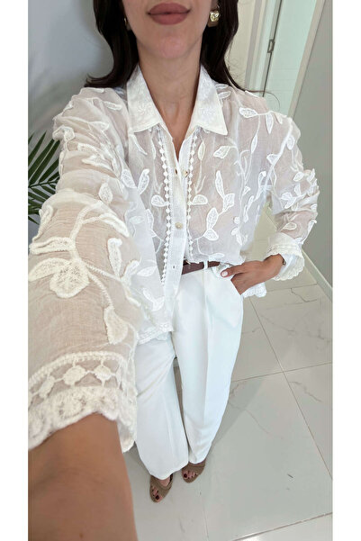 BİRCANÇİL Πουκάμισο Jolde σε χρώμα εκρού με λεπτομέρεια κεντήματος φύλλων