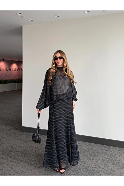 Laluvia Set fustă și bluză din șifon negru cu buline - 4097 - 3215