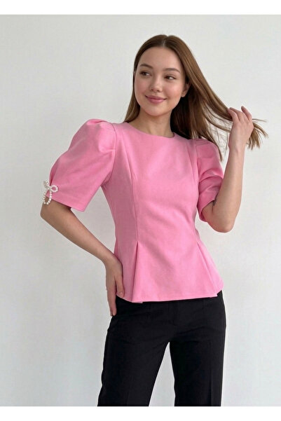 My Blog Ροζ μπλούζα με μαργαριταρένιο φιόγκο στα μανίκια - 5001