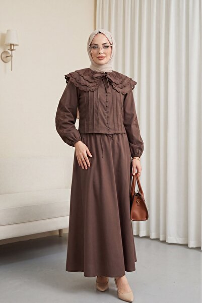 Modamorfo Wide Collar Tie-Back Sleeve Elastic Skirt Lined Poplin Suit - Brown