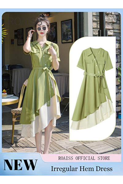 ROAISS Women's Shirt Dress with Buttons, Simple Solid Half Sleeve Midi Dress,...