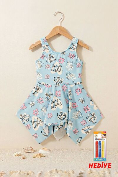 ZUZUNGA Rochie de baie albastră pentru fete cu imprimeu floral Girl Power