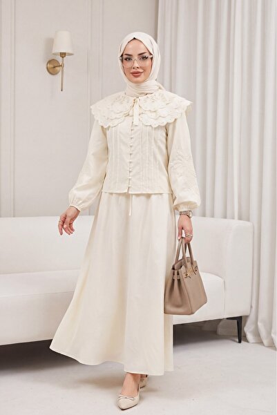 Modamorfo Wide Collar Tie-Back Sleeve Elastic Skirt Lined Poplin Suit - Cream
