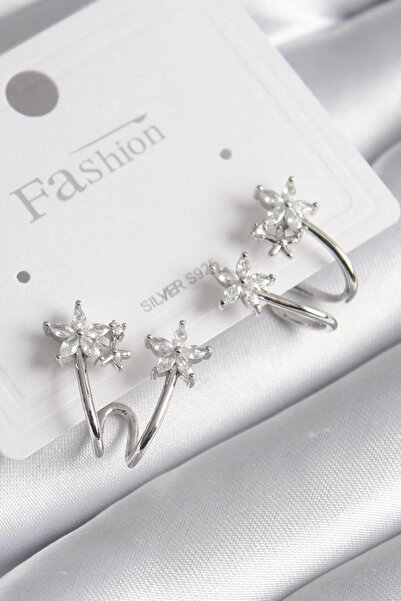 özssa Brass Silver Color Zircon Stone Flower Model Women's Earrings