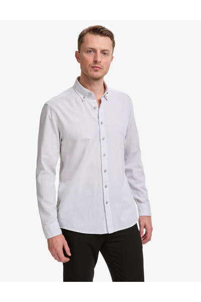 Pierre Cardin Açık Gri Keten Karışımlı Regular Fit Uzun Kollu Gömlek 50325356...