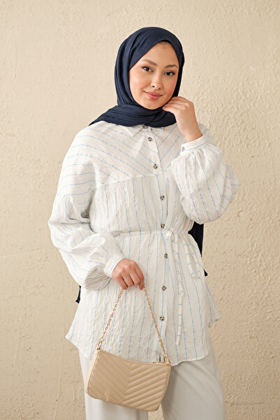 LOCCO Γυναικείο Φαρδύ Πουκάμισο με Ριγέ Λεπτομέρεια σε Λευκό