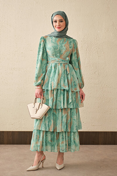 LOCCO Γυναικείο φόρεμα σιφόν με λεπτομέρειες σε στρώσεις, με ζώνη και επένδυσ...