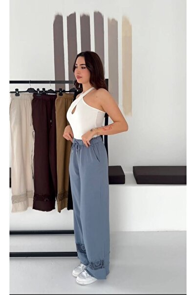 MODA GARDEN 35 AR66 Dantel Detaylı Beli Lastikli Bol Paça Kadın Pantolon