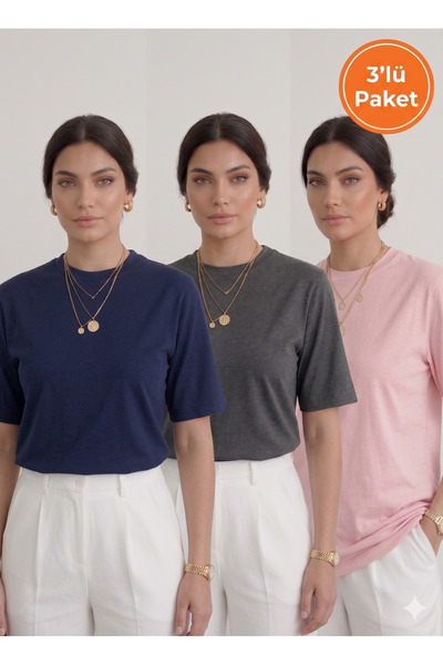 ekawholesale Women's Basic Oversize 3-Piece T-Shirt Sets - Soft Texture, Comf...