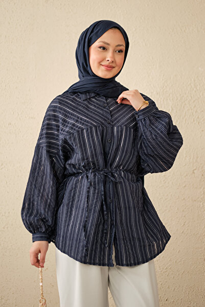 LOCCO Women's Fine Line Pattern Waist Tie Shirt Navy Blue