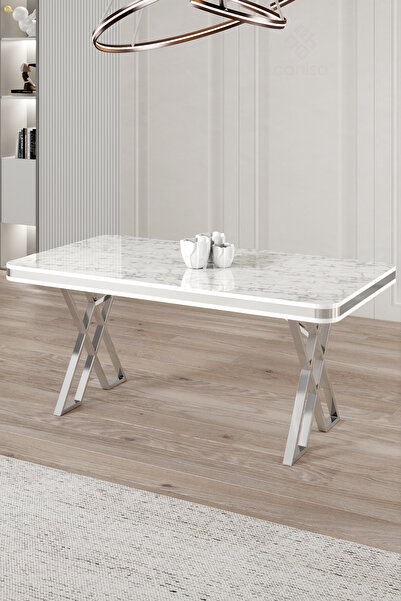 Canisa Raja Serisi 80x130 Lak Panel Beyaz Mermer Desen Sabit Masa Mutfak Masası