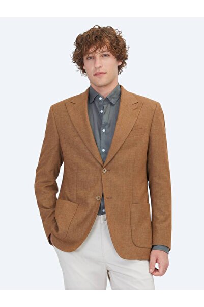 Kip Brown Patterned Modern Fit Linen Blend Jacket