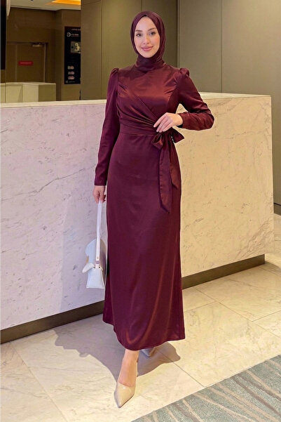 Tesettür Diyarı Ramil Σατέν Φόρεμα Χιτζάμπ με Δέσιμο στο Πλάι - Βουργουνδί
