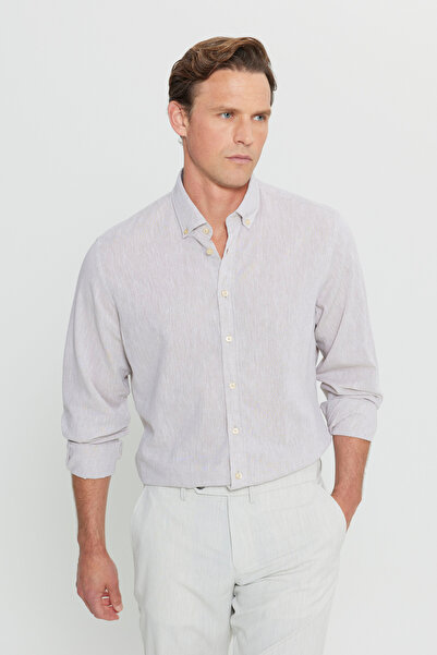 ALTINYILDIZ CLASSICS Ανδρικό πουκάμισο Dobby σε μπεζ χρώμα από βαμβακερό λινό...