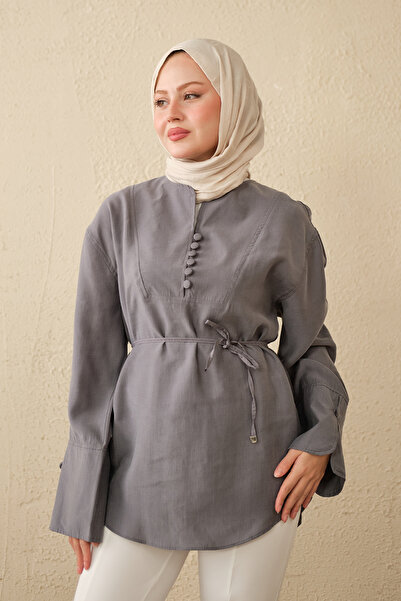 LOCCO Women's Front Buttoned Waist Tie Tunic Gray