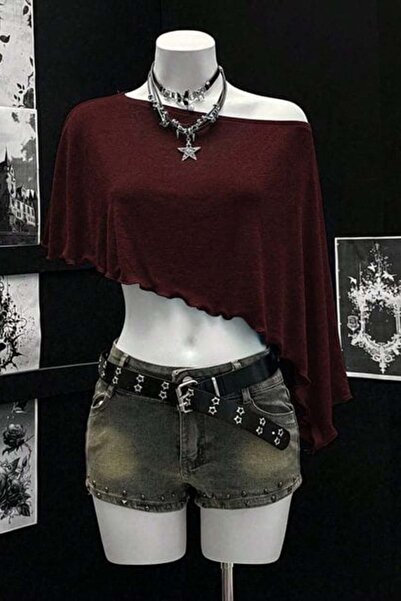 Köstebek Μπορντό μπλουζάκι με ασύμμετρο κορδόνι περίσφιξης Y2K και κοντό μανίκι