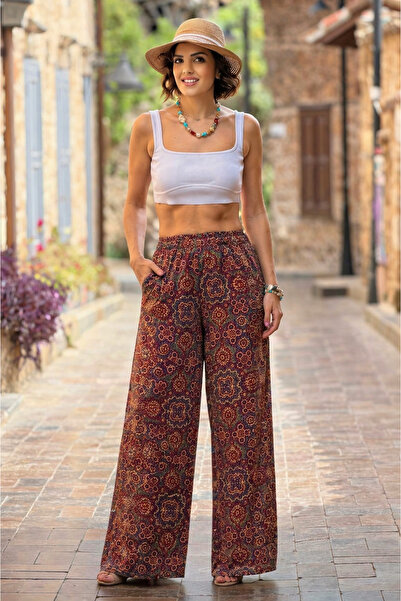 Nevin Kaya Moda Παντελόνι Palazzo με σχέδιο πορτοκαλί πλακάκι, 100% βαμβάκι